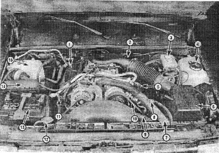 Расположение элементов и узлов восьмицилиндрового двигателя