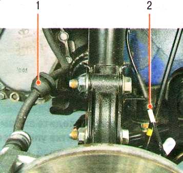 Выведите из кронштейна на амортизаторной стойке держатель 1 тормозного шланга и провод 2 датчика 