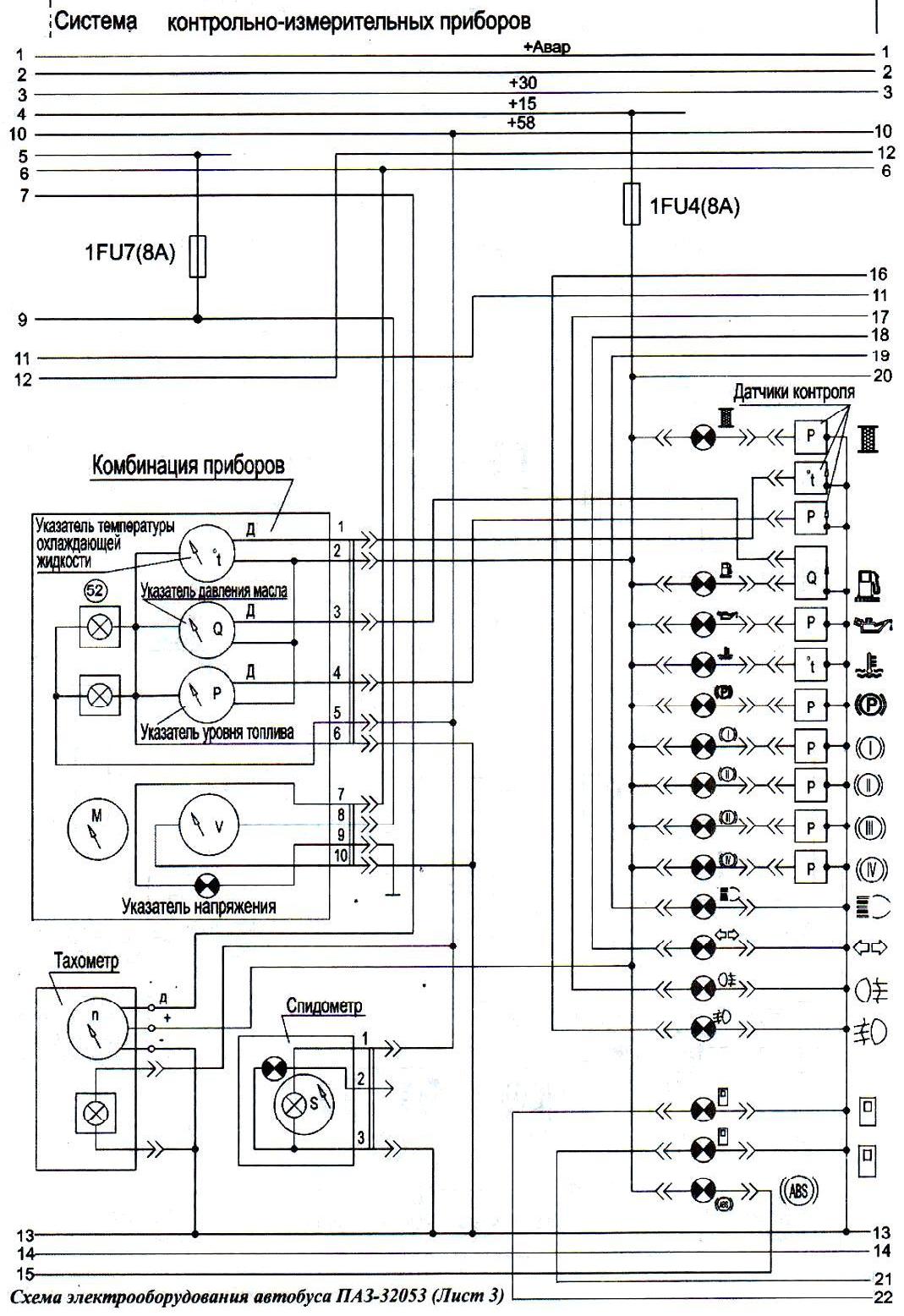 Схема контрольно-измерительных приборов ПАЗ-32053