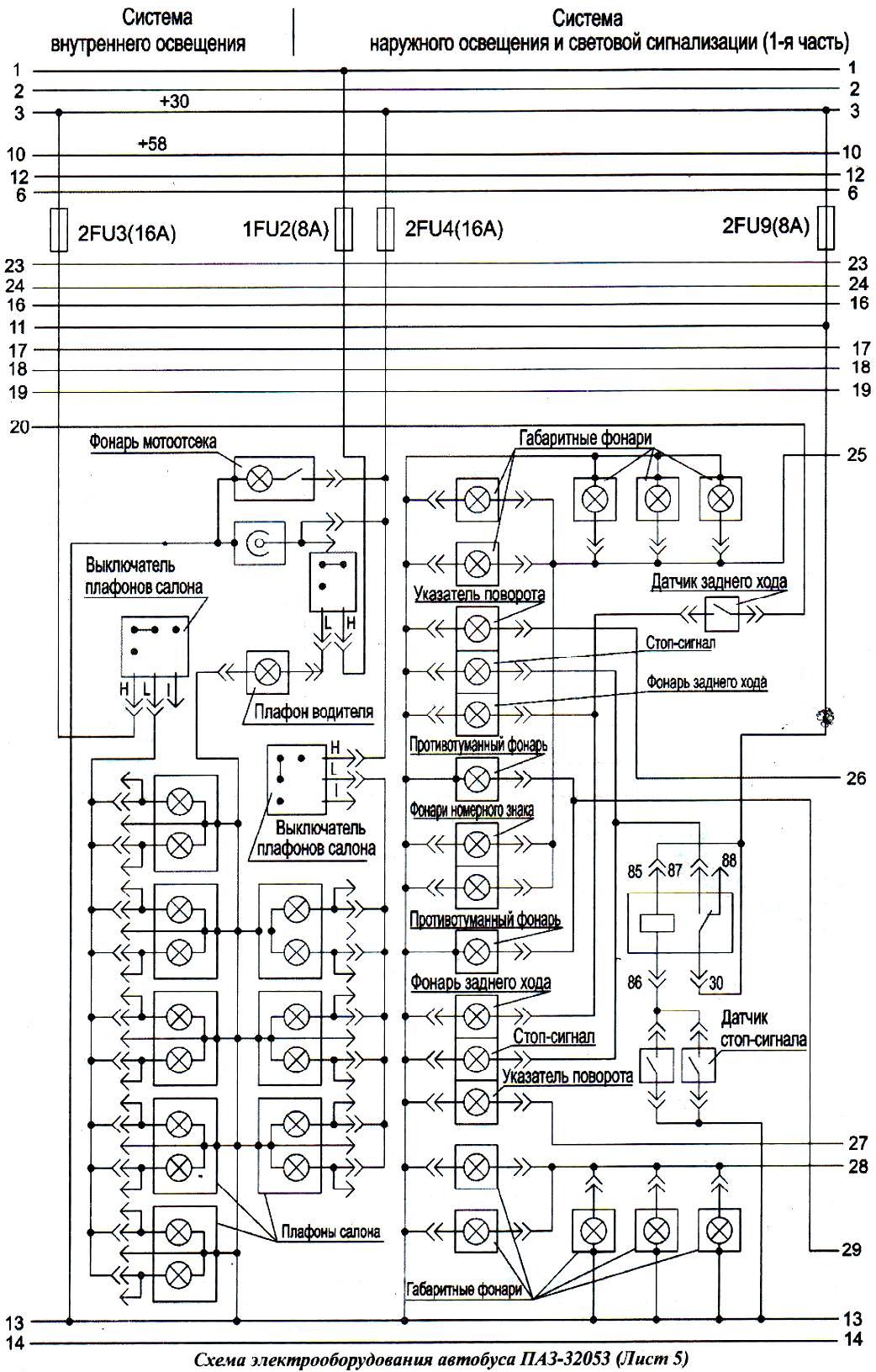 Схема освещения ПАЗ-32053