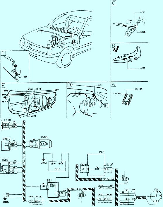 Схема Peugeot 307 - Система охлаждения,1 вентилятор радиатора,2 ступени (двигатель типа XU с системой впрыска)