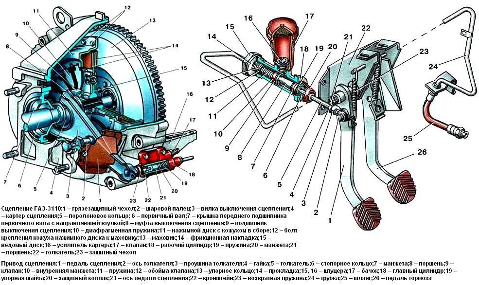 Окпд сцепление. Схема сцепления Волга 3110. Привод сцепления ГАЗ 3110 406 двигатель. Сцепление ГАЗ 3110 двигатель 402. Пружинно рычажное сцепление ГАЗ 3110.