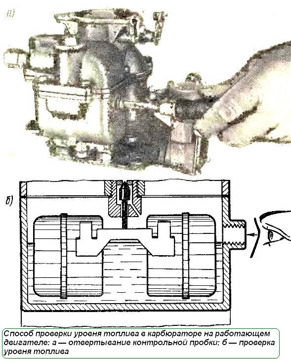 Способ проверки уровня топлива в карбюраторе на работающем двигателе