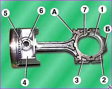 Схема сборки поршня с шатуном: поршень, шатун, палец, стопорные кольца