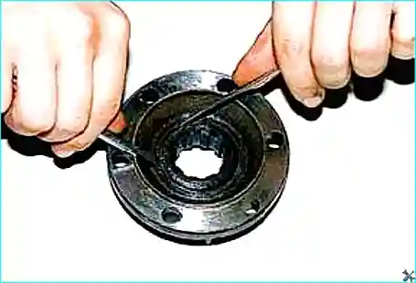 Поддевание и снятие стопорного кольца отверткой