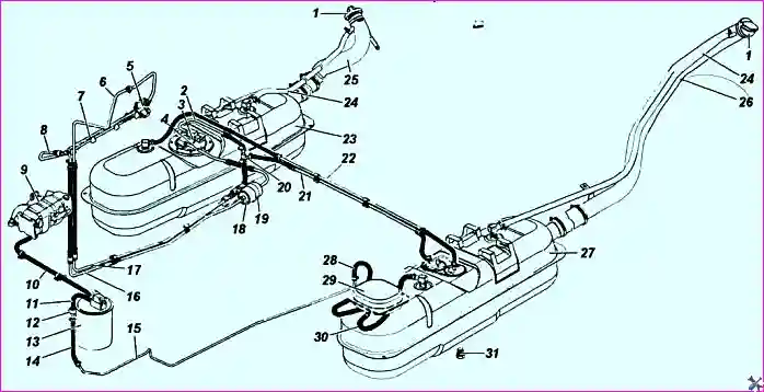 Схема топливной системы УАЗ Патриот с указанием баков, насоса, фильтра, рампы и форсунок