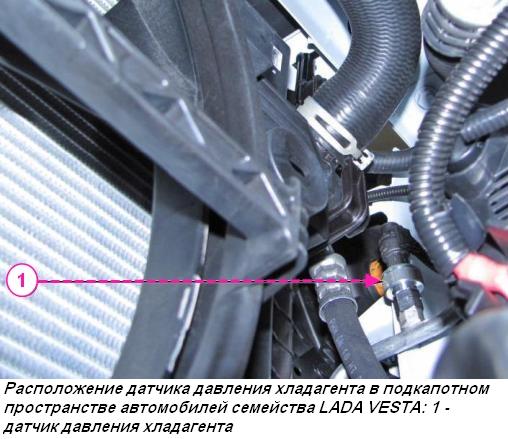 Расположение датчика давления хладагента в подкапотном пространстве автомобилей семейства LADA VESTA