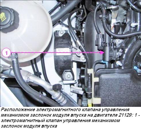Расположение электромагнитного клапана управления механизмом заслонок модуля впуска на двигателе 21129