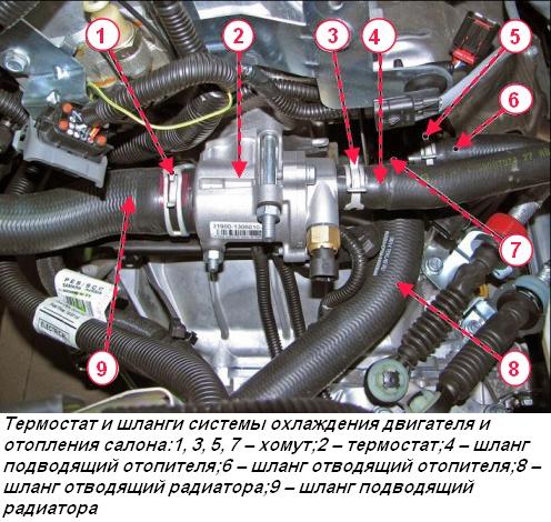 Термостат и шланги системы охлаждения двигателя и отопления салона