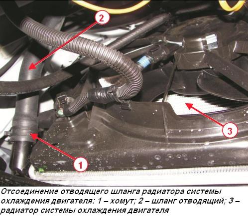 Отсоединение отводящего шланга радиатора системы охлаждения двигателя