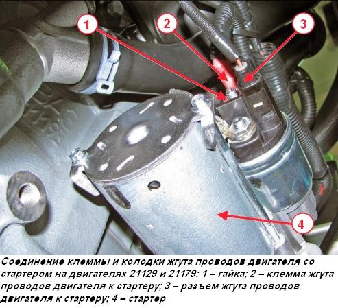 Соединение клеммы и колодки жгута проводов двигателя со стартером на двигателях 21129 и 21179