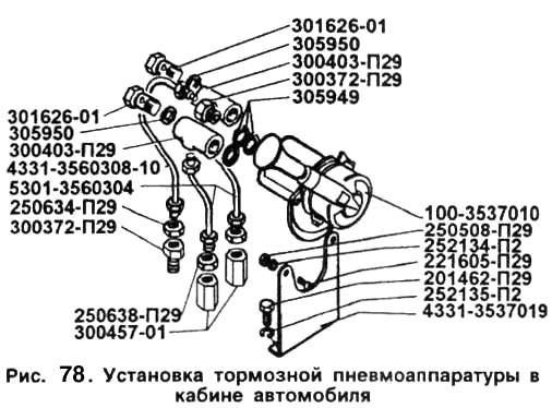 Установка тормозной пневмоаппаратуры в кабине ЗИЛ-5301